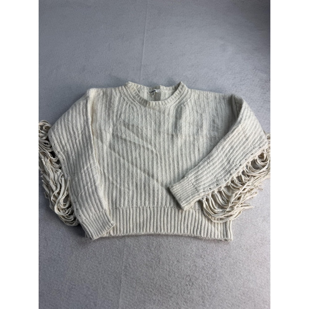 Splendid Sweater Womens Medium White Fringe Sleeve Boho Crewneck Knit Pullover
